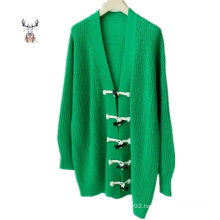 Cotton Blended Knitted Clothes Women Casual Cardigan Sweater with Horn Button